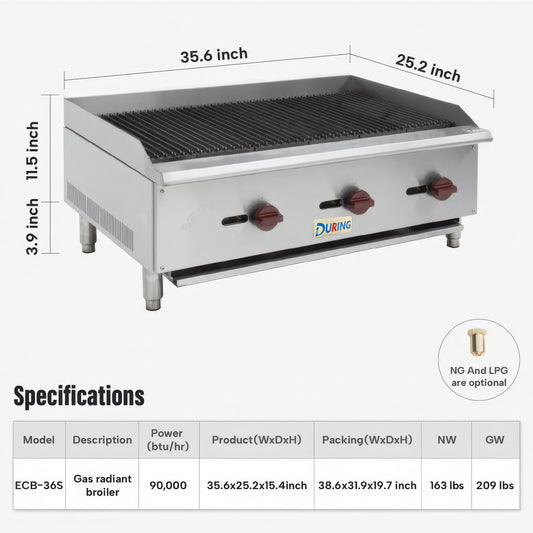 Gas radiant broiler with dimensions and specifications on a white background