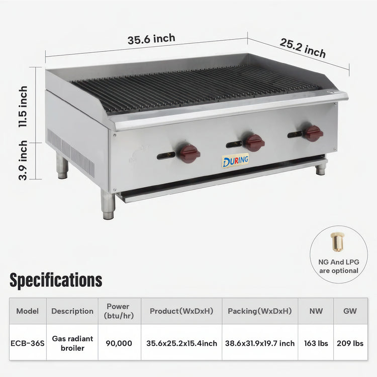 Gas radiant broiler with dimensions and specifications on a white background