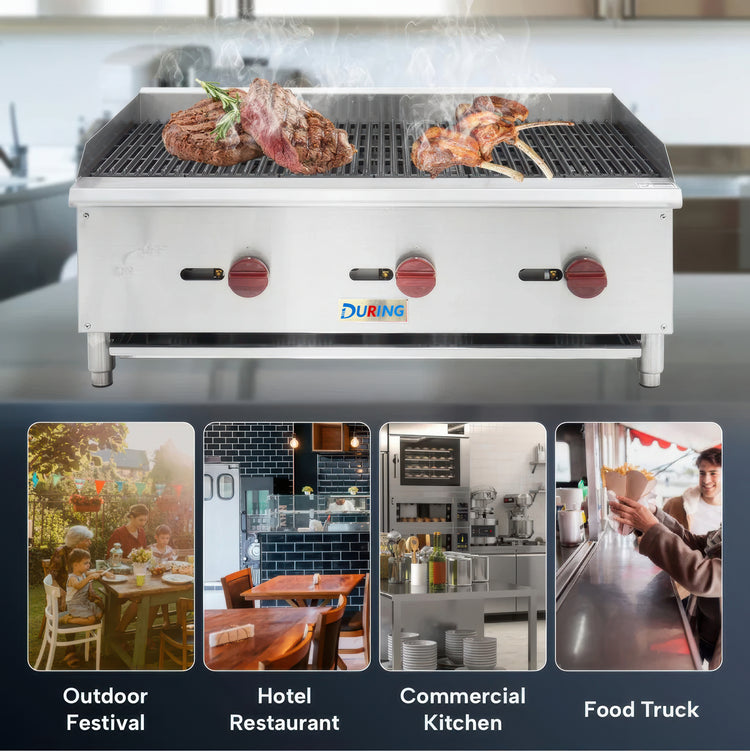 Commercial grill with Duraflame branding, used in various settings including outdoor festivals, hotels, restaurants, and food trucks.
