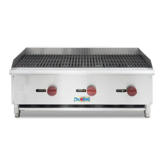 Stainless steel griddle with three control knobs on a white background, featuring the During brand.