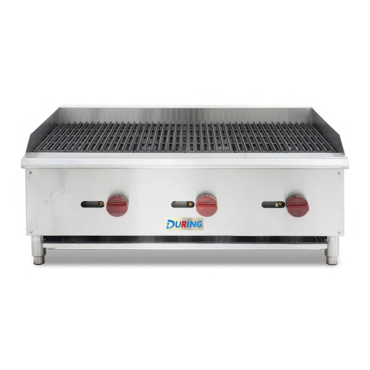 Stainless steel griddle with three control knobs on a white background, featuring the During brand.
