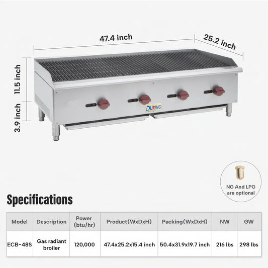 Gas radiant broiler with dimensions and specifications on a white background