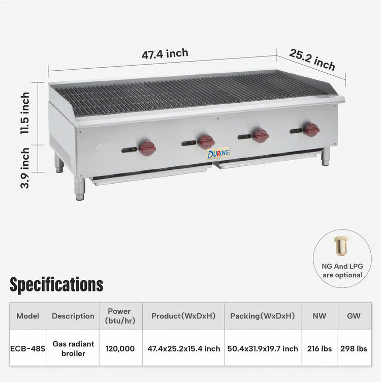 Gas radiant broiler with dimensions and specifications on a white background