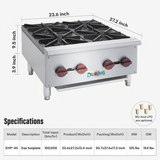 Gas hotplate with dimensions and specifications on a white background