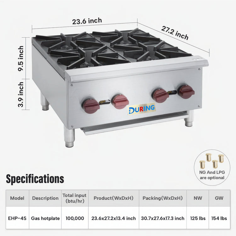 Gas hotplate with dimensions and specifications on a white background