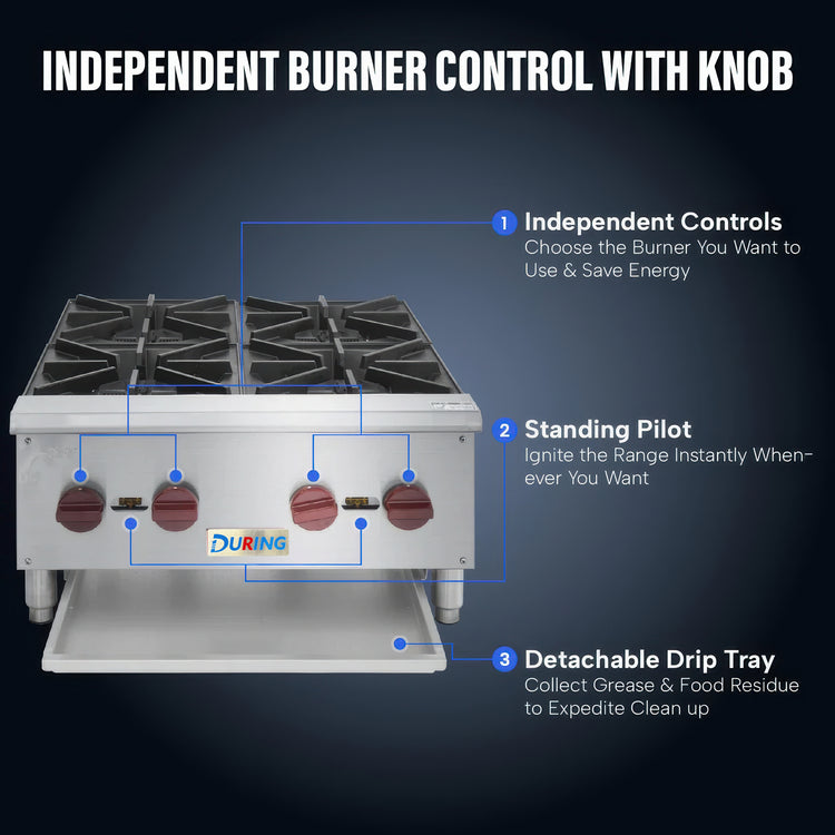 Gas stove with independent burner control and standing pilot feature, featuring the DURING brand.