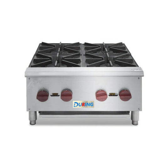 Stainless steel gas range with four burners on a white background, featuring the DURING brand.