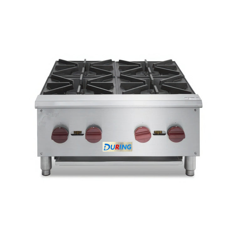 Stainless steel gas range with four burners on a white background, featuring the DURING brand.