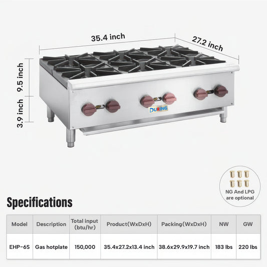 Gas stove with dimensions and specifications displayed