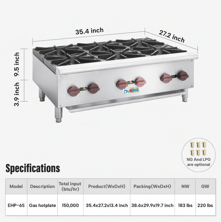Gas stove with dimensions and specifications displayed