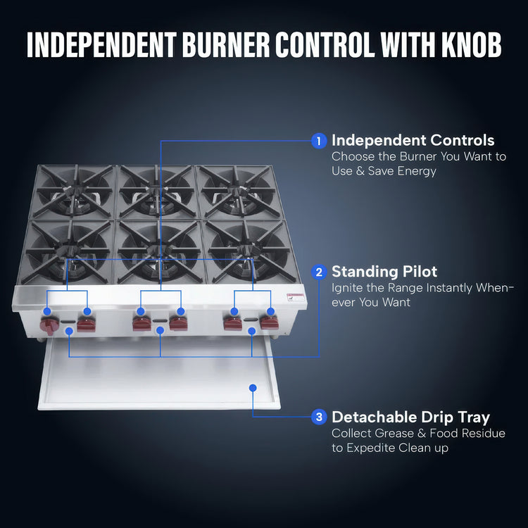 Stovetop with independent burner control and features highlighted on a dark background