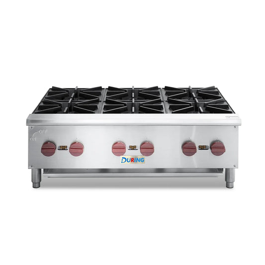 Stainless steel commercial gas range with six burners on a white background