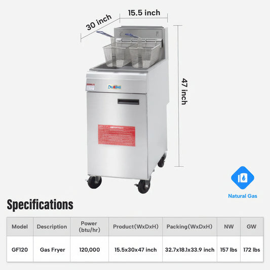 Gas fryer with dimensions and specifications on a white background