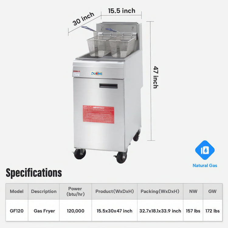 Gas fryer with dimensions and specifications on a white background