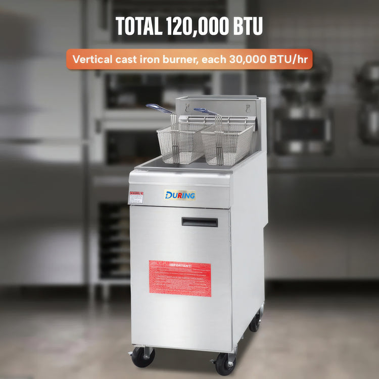 DURING deep fryer with text about BTU and burner type in a kitchen setting