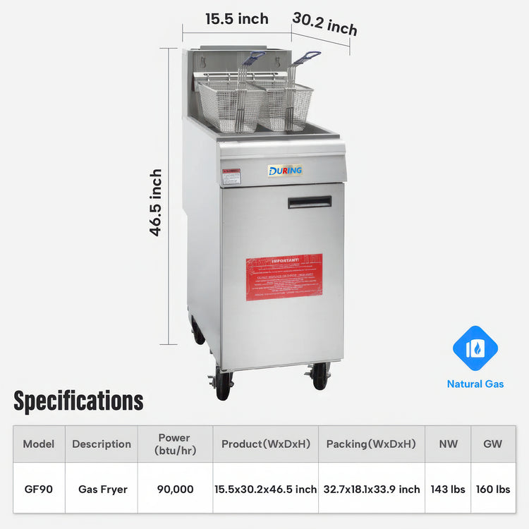 Gas fryer with dimensions and specifications on a white background