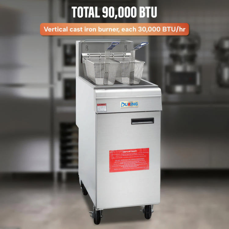 Fryer with 90,000 BTU capacity in a kitchen setting