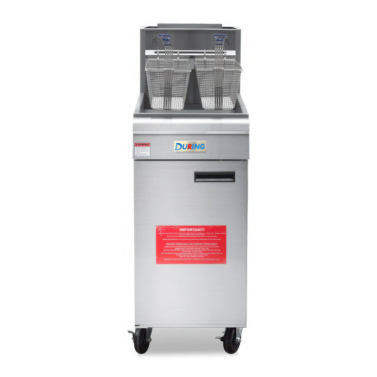 Stainless steel deep fryer with 'DURING' branding on a white background