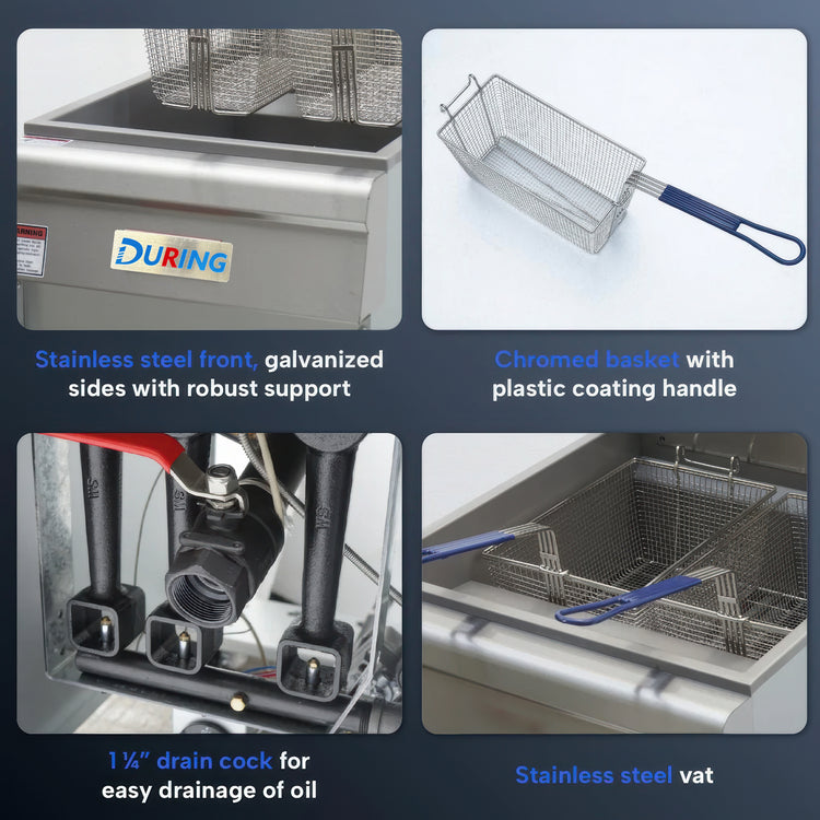 Fryer with DURING branding, featuring a basket, drain cock, and stainless steel vat.