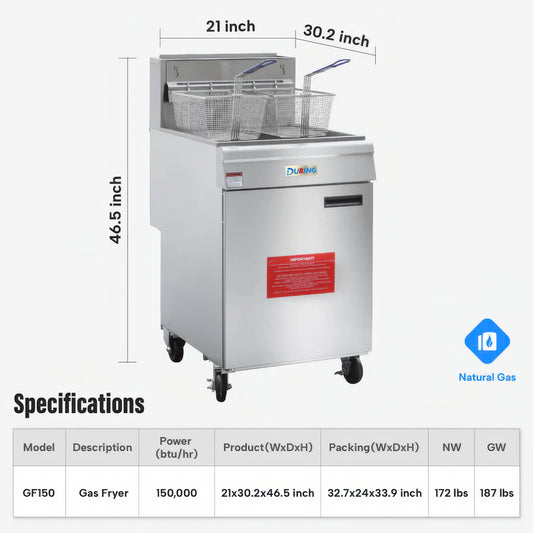 Gas fryer with dimensions and specifications on a white background