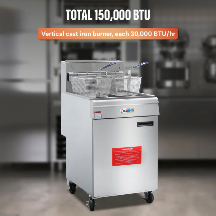 Stainless steel deep fryer withDuensing logo in a kitchen setting, featuring text about BTU and burner type.