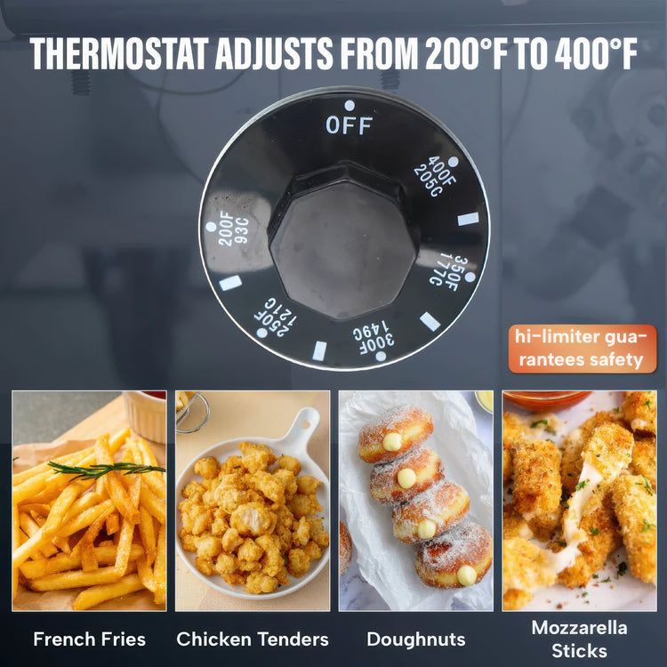 Thermostat control with temperature range and images of cooked foods.