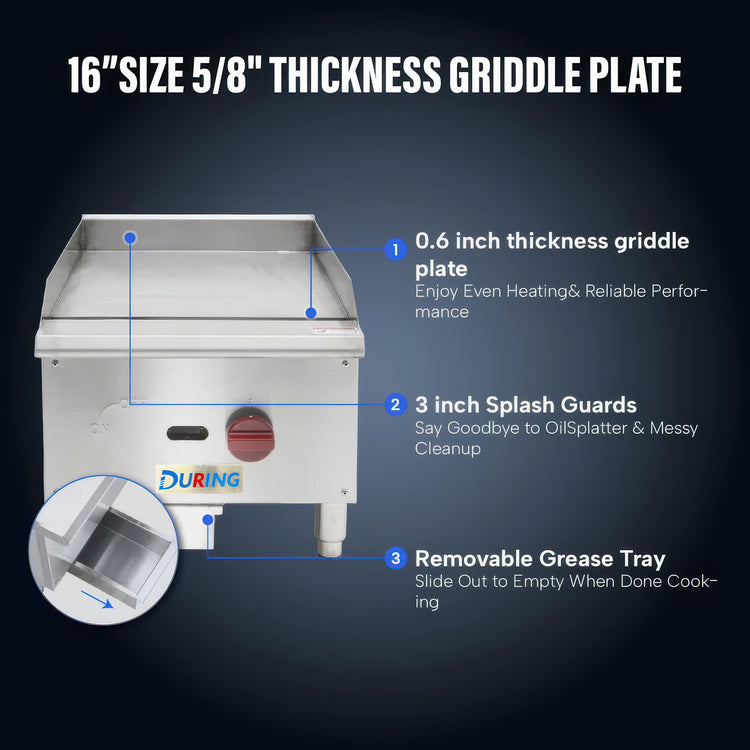 Stainless steel griddle plate with features highlighted on a dark background