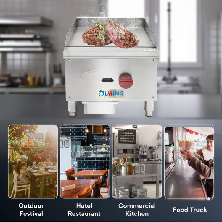 Commercial griddle with food on top, surrounded by images of outdoor festival, hotel restaurant, commercial kitchen, and food truck settings.