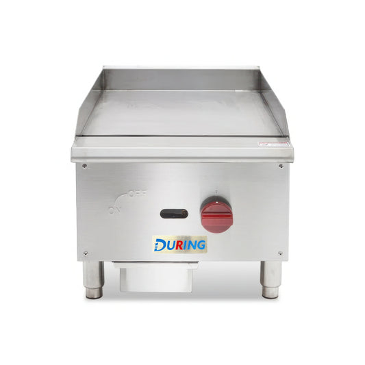 Stainless steel griddle with 'DURING' branding on a white background