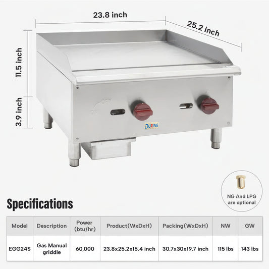 Griddle with dimensions and specifications on a white background