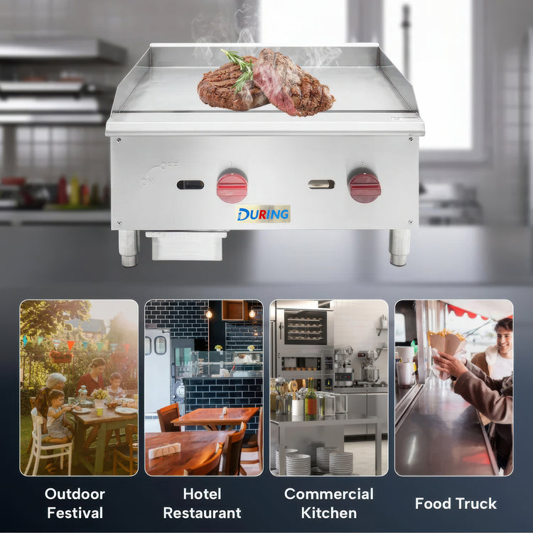 Stainless steel griddle with food on top, surrounded by images of outdoor festival, hotel restaurant, commercial kitchen, and food truck.
