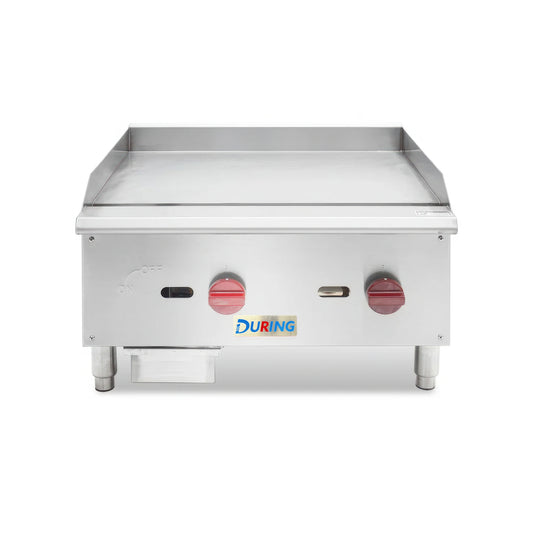 Stainless steel griddle with control knobs on a white background, featuring the DURING brand.
