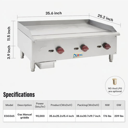 Gas griddle with dimensions and specifications on a white background