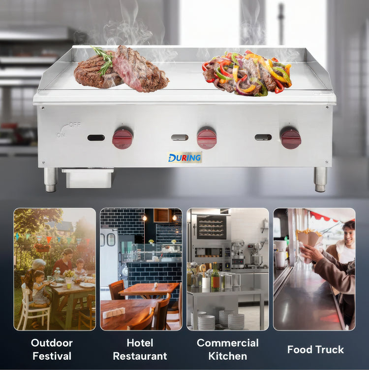 Stainless steel griddle with food on a blurred restaurant background, featuring the DURING brand.