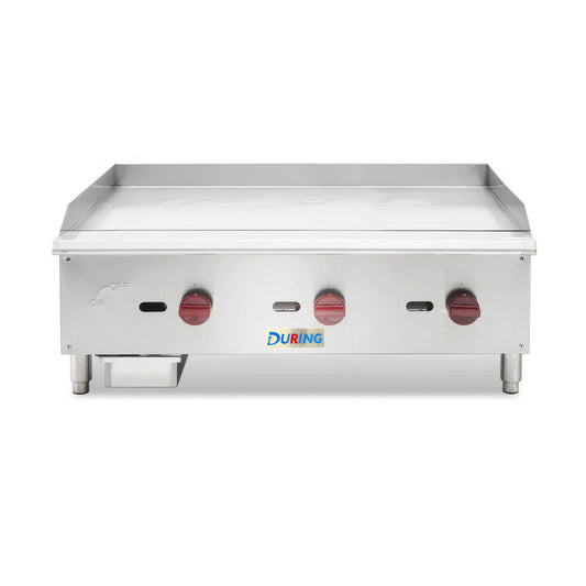 Stainless steel griddle with DURING logo on a white background