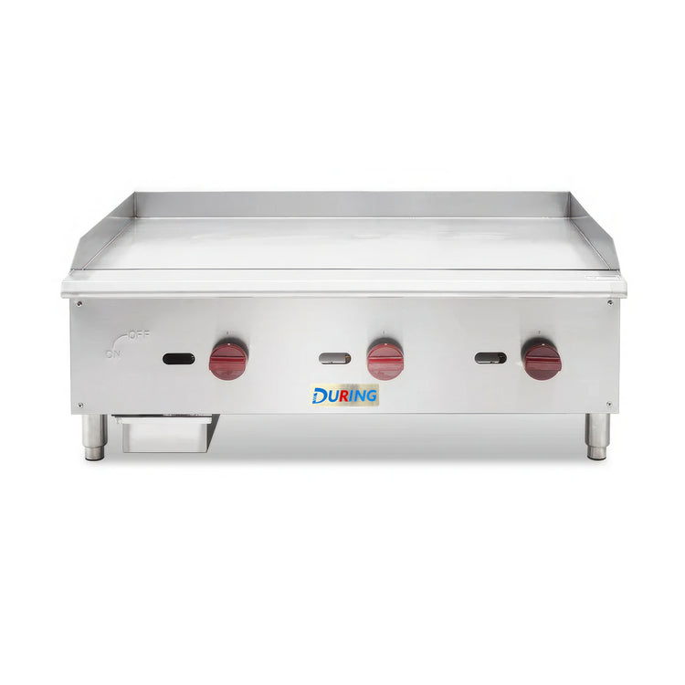 Stainless steel griddle with DURING logo on a white background