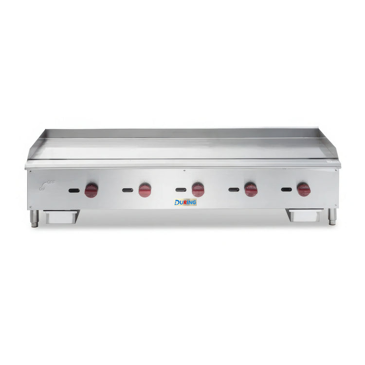 Stainless steel griddle with Dukers branding on a white background