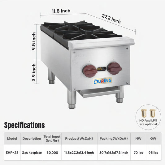 Gas hotplate with dimensions and specifications on a white background