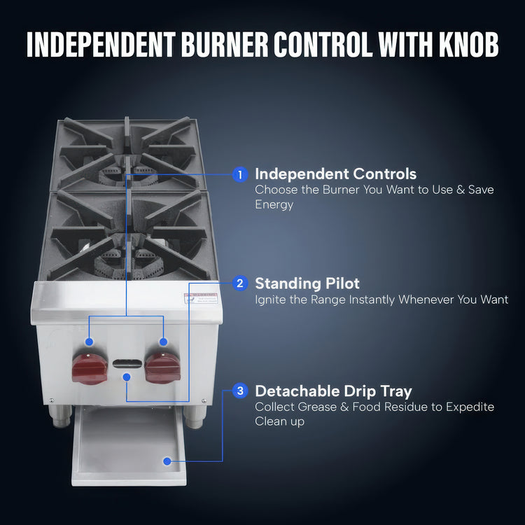 Gas stove with independent burner control and features highlighted on a dark background