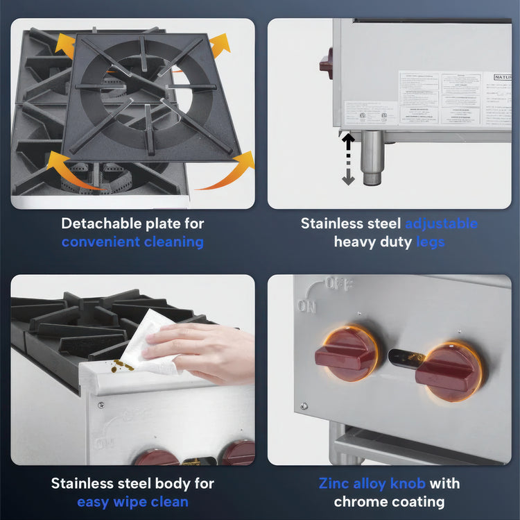 Product features including detachable plate, stainless steel legs, stainless steel body, and zinc alloy knob with chrome coating.