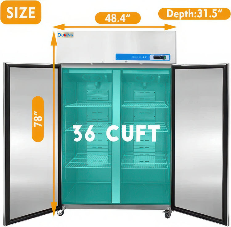 Commercial refrigerator with dimensions and capacity details on a white background