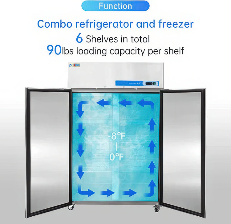 Combo refrigerator and freezer with open doors showing temperature distribution, labeled 'Function'.