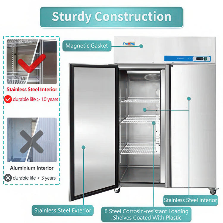 Stainless steel refrigerator with features highlighted, including a magnetic gasket and stainless steel interior.