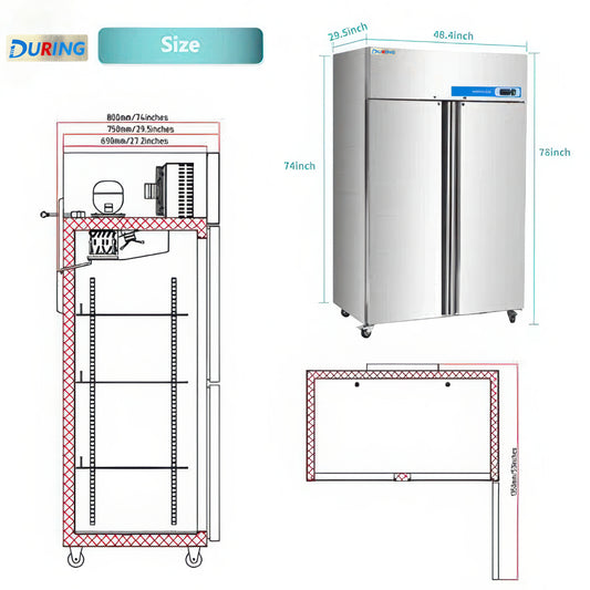 Stainless steel commercial refrigerator with dimensions and layout diagram on a white background
