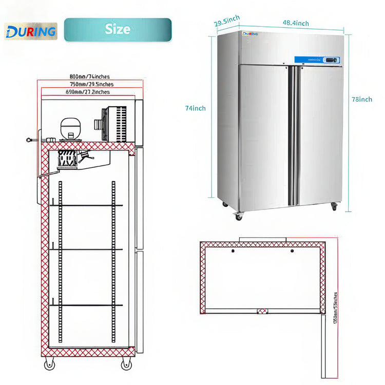 Stainless steel commercial refrigerator with dimensions and layout diagram on a white background