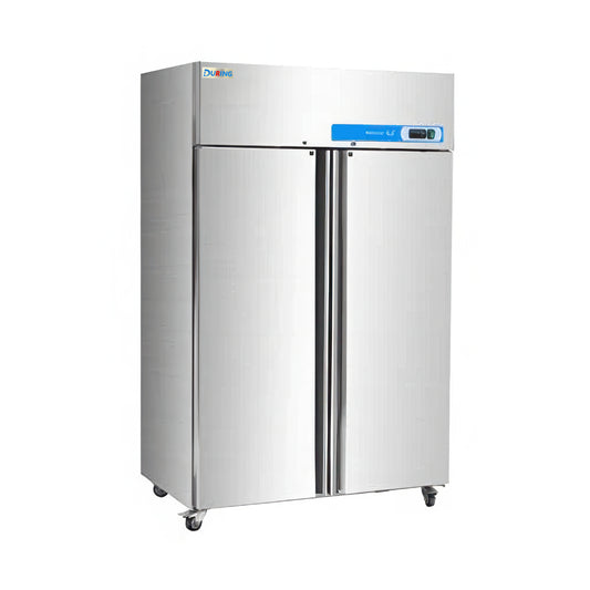 Stainless steel commercial refrigerator with dual doors on a white background