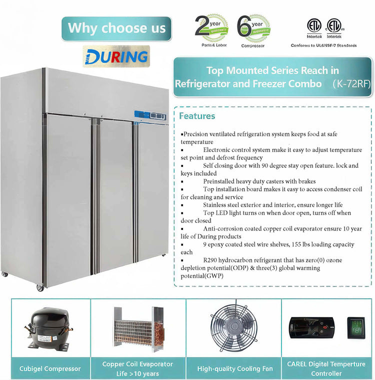 Refrigerator and freezer combo with DURING branding and feature highlights.