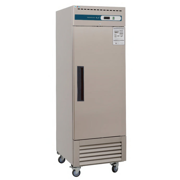 Single-door commercial freezer on a white background