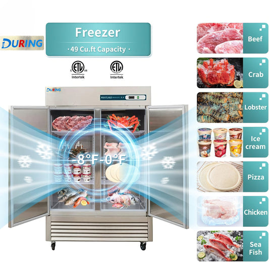 Commercial freezer with images of food items and DURING branding