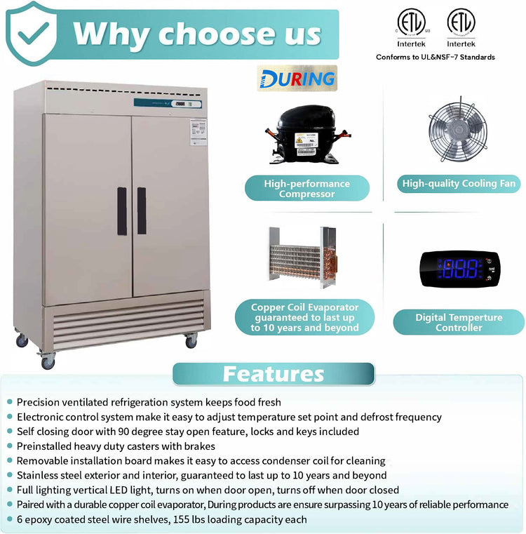 Refrigeration unit with features listed on a blue background
